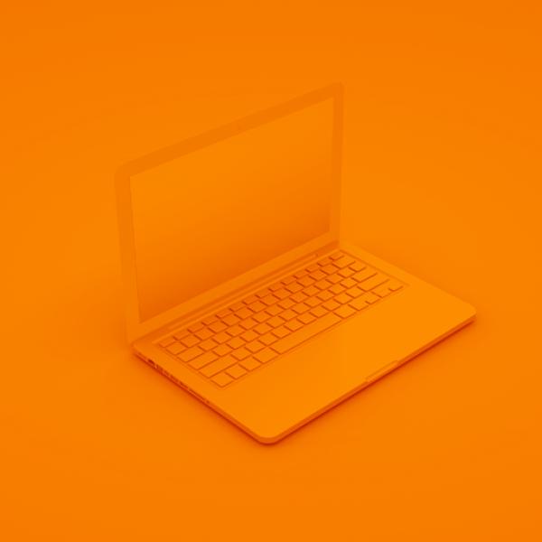 An orange laptop on an orange background