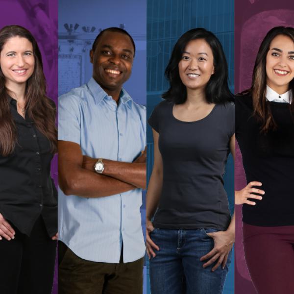 Composite image of six researchers standing side-by-side against different coloured backgrounds