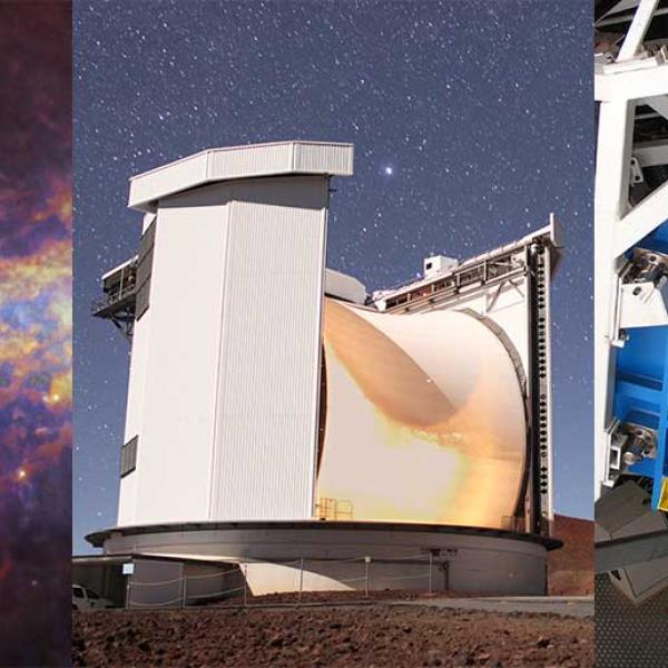 A compilation of the Milky Way as seen from space, a tall, circular building containing the telescope and a powerful space camera, which looks like a large blue box. 