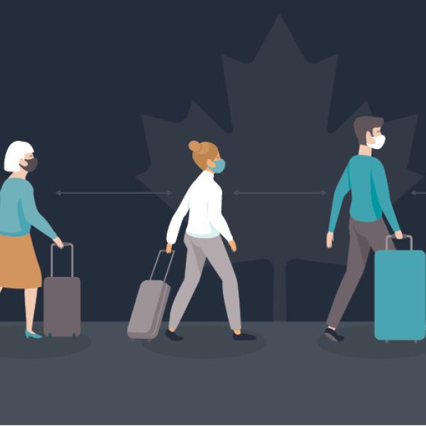 An illustration of a lineup of people wearing masks and pulling wheeled suitcases