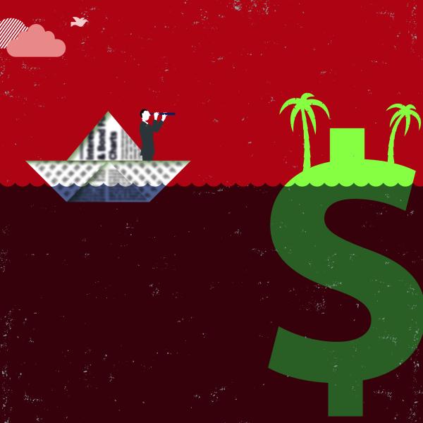 Illustration of a man in a grey suit aboard a little boat made out of newspaper. He is at sea and is looking through a nautical telescope. To the right of the boat, there is a large green dollar sign, mostly submerged under water. The top part of the dollar sign sticking out of the water has two palm trees growing on it.