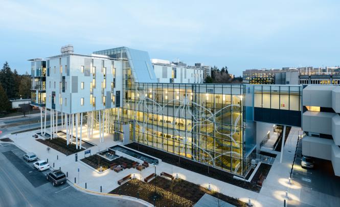 An elaborate glass building viewed from a high angle