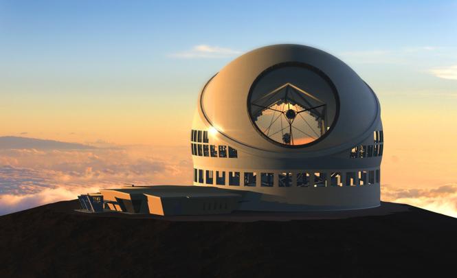 An artist’s rendering of a many-storeyed globe-like structure on a mountain top.
