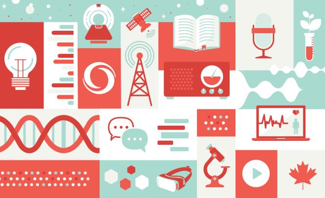 A vector illustration including an assortment of items related to research and communication divided by red, white and blue rectangular shapes.