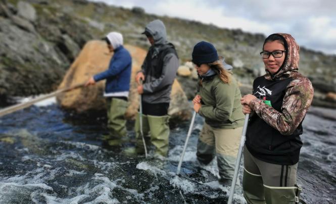 Four people in hip waders holding steel poles stand in knee-deep, flowing water with a steep, rocky shore in the background.