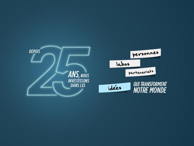 Bannière comportant le chiffre 25 dans un aspect néon bleu clair et du texte blanc, ainsi que quatre notes style post-it qui complètent le texte, le tout sur un fond bleu foncé.