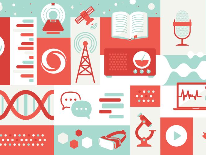 A vector illustration including an assortment of items related to research and communication divided by red, white and blue rectangular shapes.