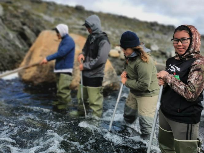 Quatre personnes portant des bottes de pêche et tenant des bâtons en acier se tiennent dans un ruisseau qui leur arrive jusqu'aux genoux, avec en arrière-plan un rivage rocheux et escarpé.