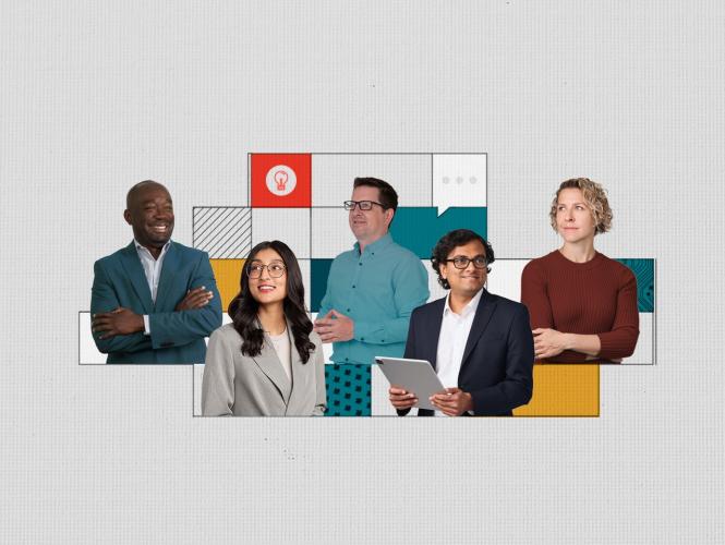 Cinq portraits assemblés sur un graphique coloré