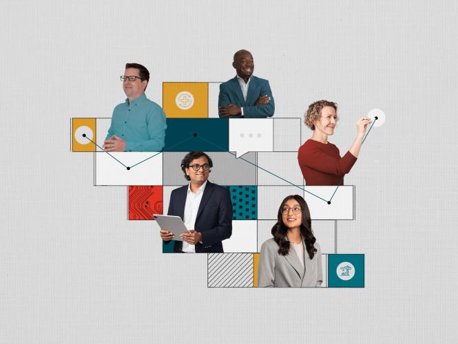 Portraits of five people compiled on a colourful, graphic background.