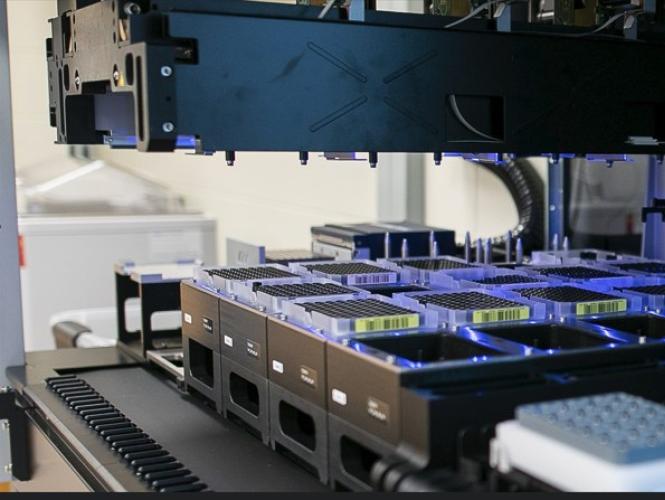 Système automatisé de manipulation de liquides en laboratoire traitant des microplaques sur une plateforme robotisée, avec des supports contenant des tubes d’échantillons visibles au premier plan.