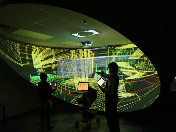 A VR projection of a 3-D sketch reflected on a mirror.