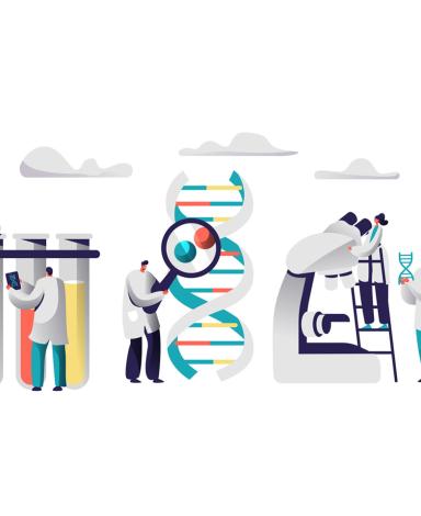 Illustration d'un groupe de tout petits personnages en blouses blanches à l’étude de flacons surdimensionnés, d’un échantillon d'ADN et d’un microscope taille humaine.