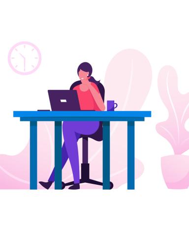 Illustration of an employee sitting at a desk using a laptop.