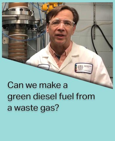 An image card featuring Professor Gregory Patience inside a teal rectangle with the question "Can we make a green diesel fuel from a waste gas?" in black text overlayed over it.