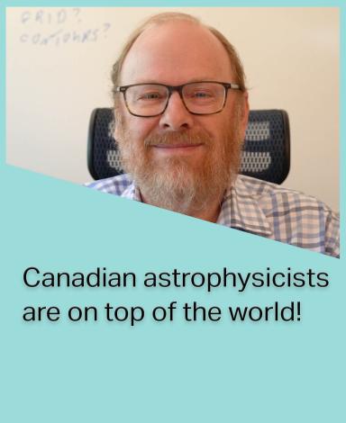 An image card featuring Professor Michel Fich inside a teal rectangle with the sentence "Canadian astrophysicists are on top of the world!" in black text overlayed over it.