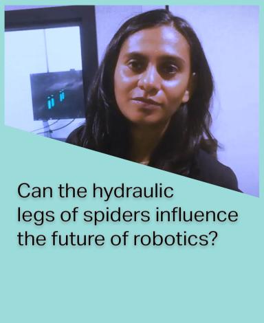 An image card featuring Professor Natasha Mhatre inside a teal rectangle with the question "Can the hydraulic legs of spiders influence the future of robotics?" in black text overlayed over it.