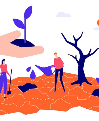 Illustration en couleurs orange et bleu sur laquelle on voit une terre aride, un arbre déséché, une personne tenant une pelle et une autre un arrosoir. Au-dessus de cette scène, une grande main tient un semis.