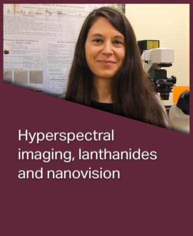An image card featuring Doctor Eva Hemmer inside a burgundy rectangle with the statement "Hyperspectral imaging, lanthanides and nanovision" in white text overlayed over it.