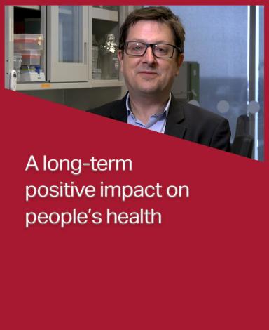 An image card featuring Professor Frédéric Leblond inside a red rectangle with the statement "A long-term positive impact on people’s health" in white text overlayed over it.