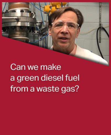 An image card featuring Professor Gregory Patience inside a red rectangle with the question "Can we make a green diesel fuel from a waste gas?" in black text overlayed over it.