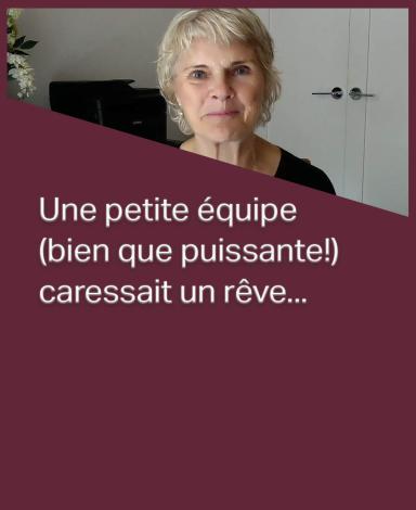 Une carte d'image représentant la professeure Heather McKay à l'intérieur d'un rectangle bordeaux sur lequel est superposée la déclaration "Une petite équipe (bien que puissante!) caressait un rêve..." en texte blanc.