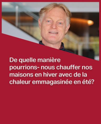 Une carte-image représentant le professeur Ian Beausoleil-Morisson à l'intérieur d'un rectangle rouge sur lequel est superposée la question "Comment pouvons-nous réchauffer nos maisons en hiver avec la chaleur de l'été ?" en texte noir.