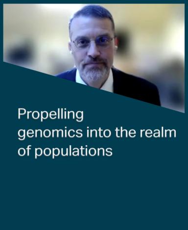 An image card featuring Doctor Marco Marra inside a dark blue rectangle with the statement "Propelling genomics into the realm of populations" in white text overlayed over it.