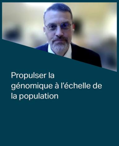 Une carte-image représentant le docteur Marco Marra à l'intérieur d'un rectangle bleu foncé sur lequel est superposée la phrase "Propulser la  génomique à l’échelle de la population" en texte blanc.