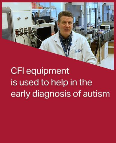 An image card featuring Doctor Steve Scherer inside a red rectangle with the statement "CFI equipment is used to help in the early diagnosis of autism" in white text overlayed over it.