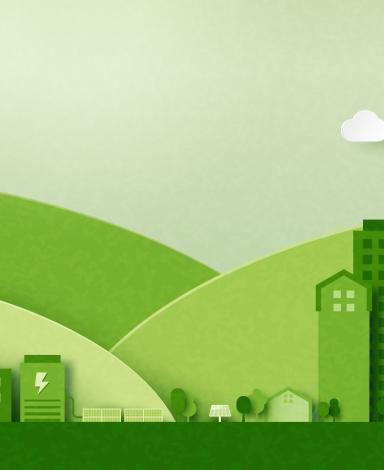 Illustration représentant plusieurs bâtiments de couleur verte avec en toile de fond des collines vertes vallonnées accueillant des éoliennes.