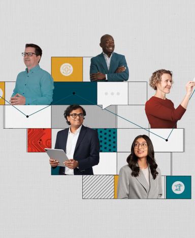 Portraits of five people compiled on a colourful, graphic background.