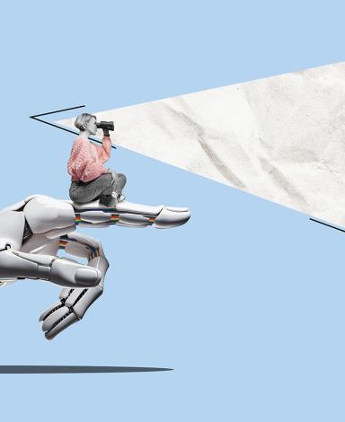 A woman perches on the pointing finger of a robot hand, looking into the distance with binoculars.