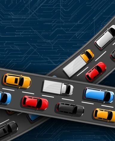 A graphic of two highways intersecting with bumper-to-bumper colourful cars.