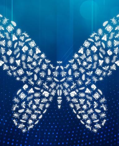 A graphic depicting the shape of a butterfly made up of many small insects.