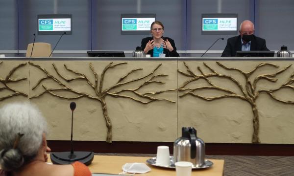 Deux personnes participant à un panel sont assises derrière un lutrin massif et large de gauche à droite. La femme, Jennifer Clapp  s’adresse à la foule, l’homme assis à ses côtés porte un masque noir et baisse les yeux.