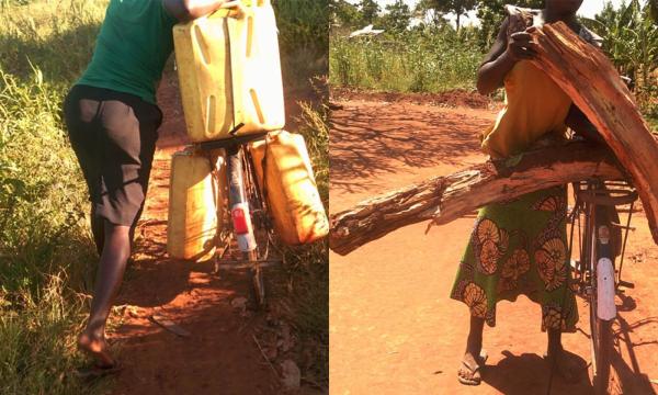 A person pushes a bicycle carrying plastic jugs and another loads logs onto the back of a bicycle.