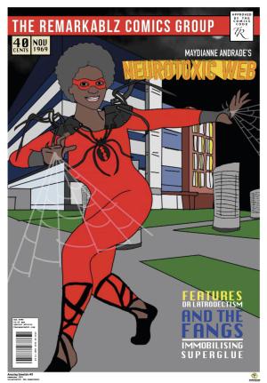 Une couverture de bande dessinée montrant une illustration de Maydianne Andrade dans une posture de superhéroïne et vêtue d’un costume rouge orné de motifs évoquant des araignées.