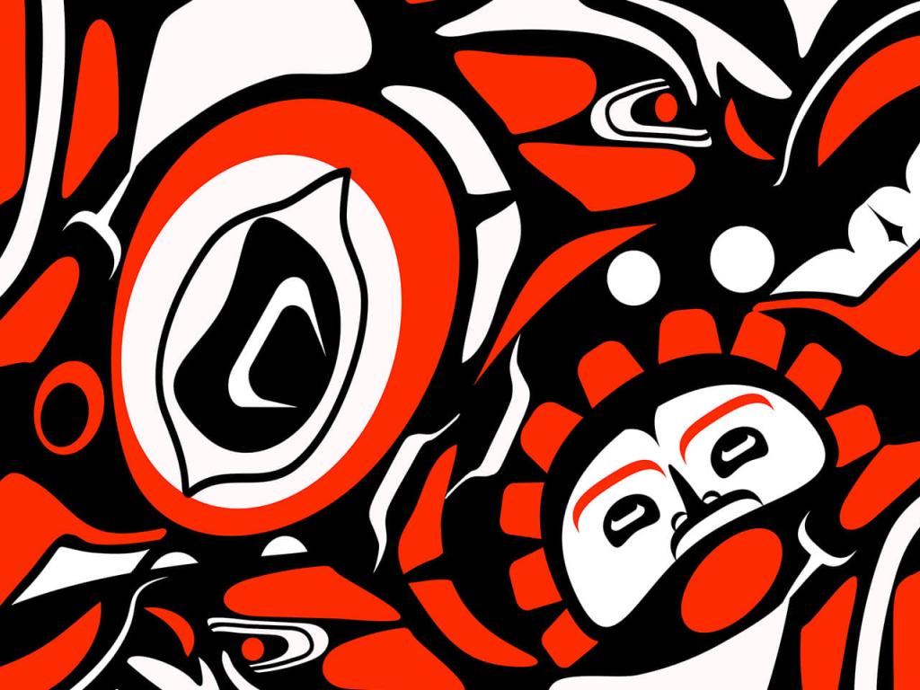 Fragment d'une oeuvre d'art autochtone de la côte du Nord-Ouest composée de motifs abstraits de formes noires, blanches et rouges.