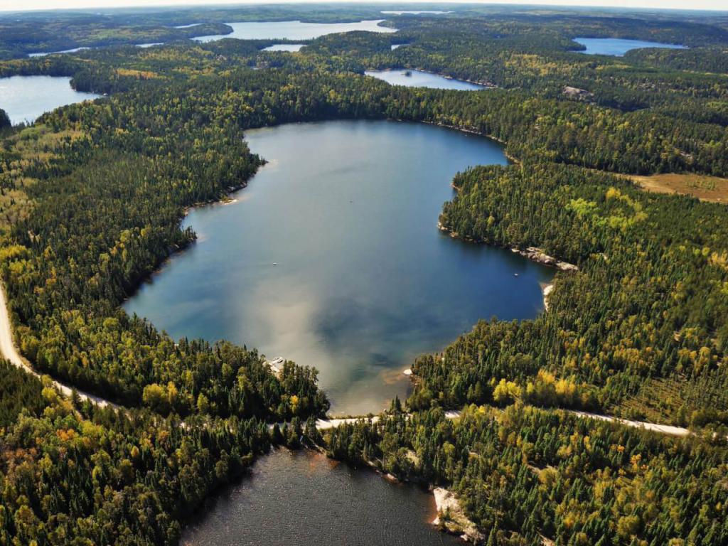 Aerial view of at least six lakes surrounded by forest.