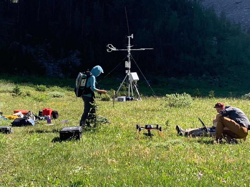 Trois personnes, l’une debout, l’autre accroupie et la troisième allongée dans une zone herbeuse, regardent leurs équipements de recherche : drones, antennes et ordinateurs en tout genre.