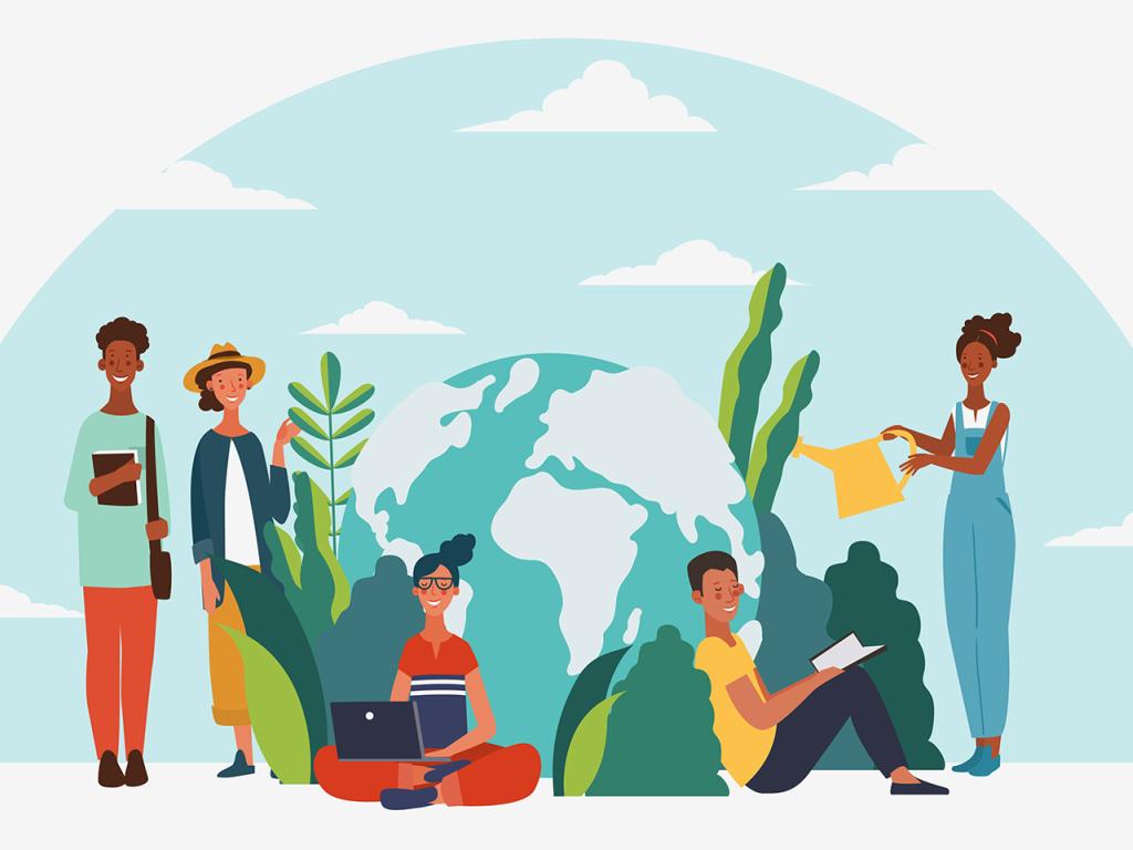 Illustration of five people sitting and standing around a globe surrounded by bushes and plants.
