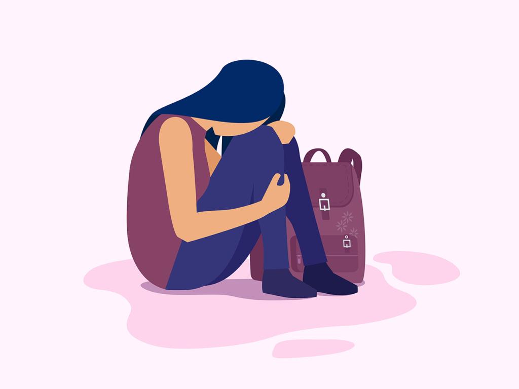 Graphic of a person sitting curled up next to a backpack.