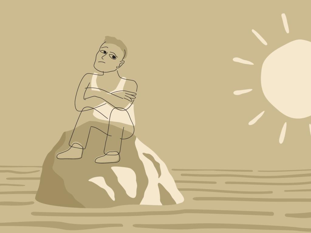 A monochromatic beige illustration of a person sitting arms-crossed on a rock surrounded with water and a blazing sun on the horizon.