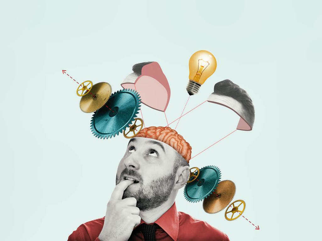 An illustration of a man looking up as gears and a lightbulb come out of his brain.