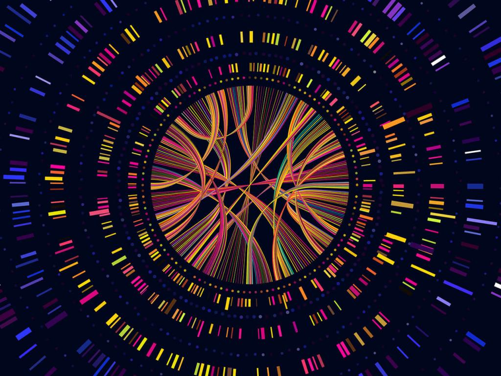 An illustration composed of coloured bars that look like genetic screening radiating from a nucleus of curved covered lines.