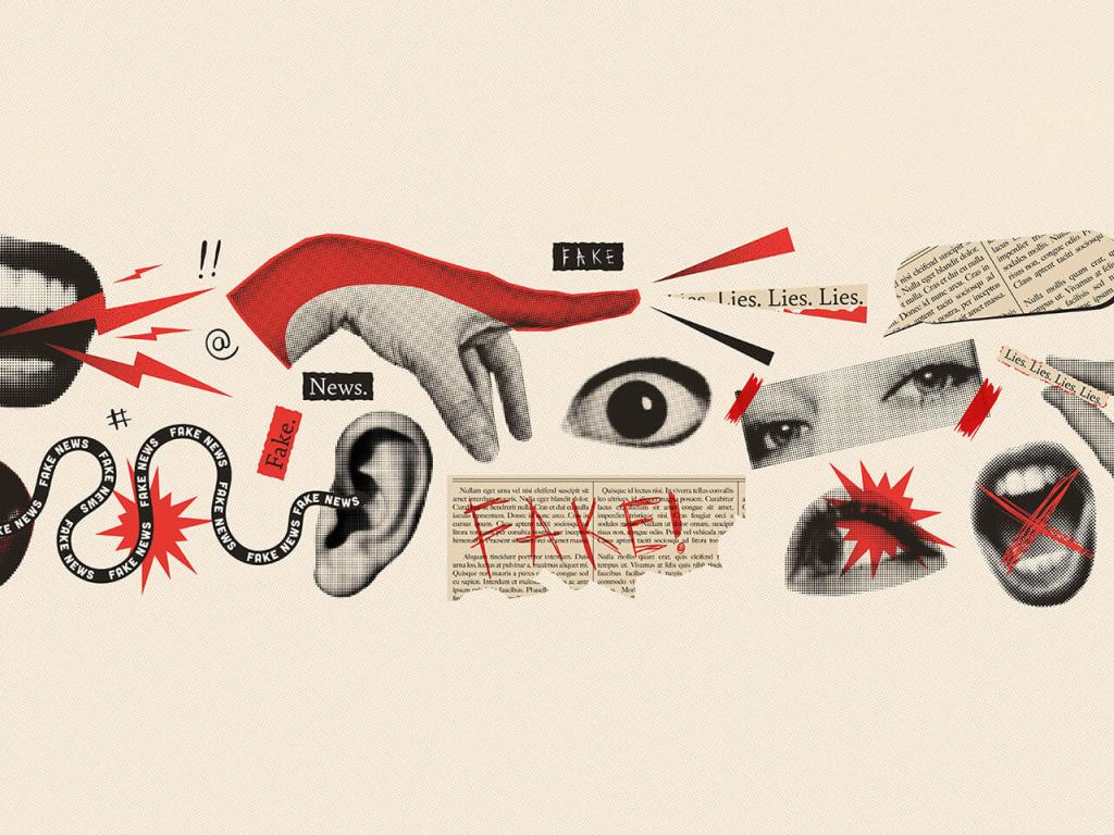 An illustration showing mouths, eyes, hands and ears clipped from newsprint with red splotches, exes and the word fake overlain. 