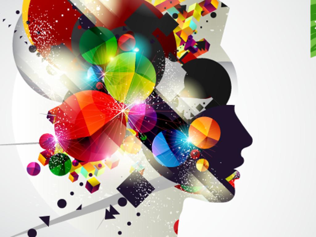 Illustration of an explosion of dynamic colourful shapes contained within a silhouette of a person’s profile.