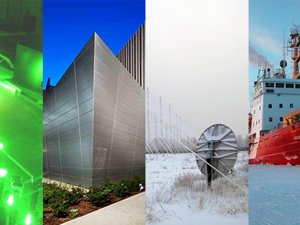 A compilation of images representing four major science projects. The first is a dark platform lit up with bright green light; the second an angular, pointy building; the third a weather radar station with a satellite dish in a snowy field; and the last is a large red and white icebreaker surrounded by frozen water.