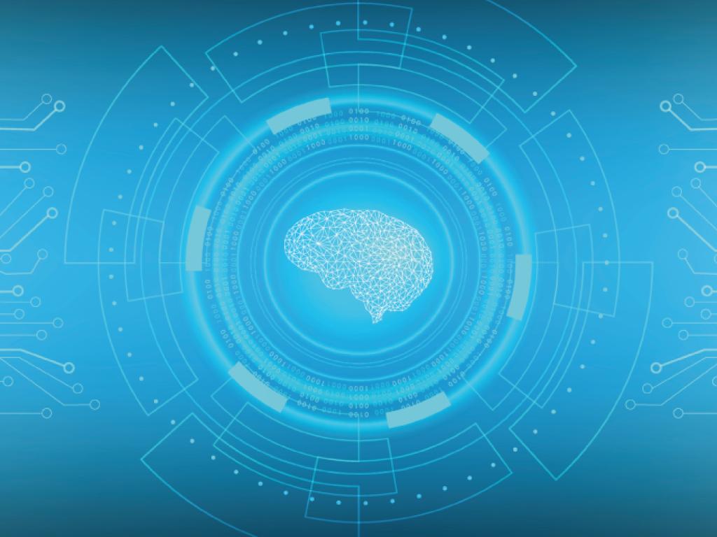 A vector graphic of the brain inside a circle made of circuitry over a blue background.